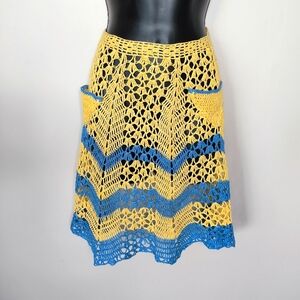 Vintage Yellow and Blue Crochet A-Line Skirt